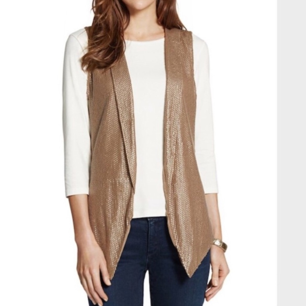 Chicos All Over Sequin Vest Brassy Tan Gold XL
